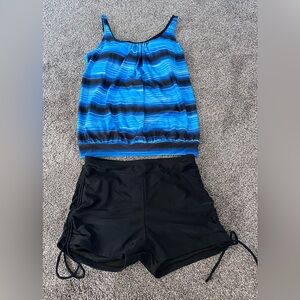 Yonique Women’s Blouson Tankini Swimsuit Blue Stripe - Size Large - NWT PTP 17”